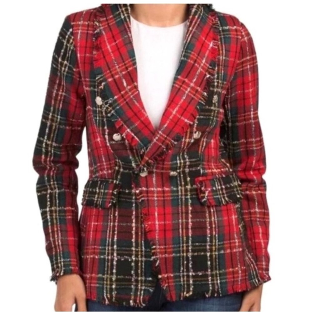 Rachel Zoe tweed Plaid fringe tartan blazer/Jacket , size medium